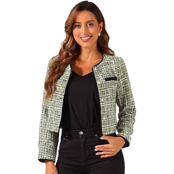 Amazon.com: Allegra K Plaid Tweed Jacket for Women's Crew Neck
